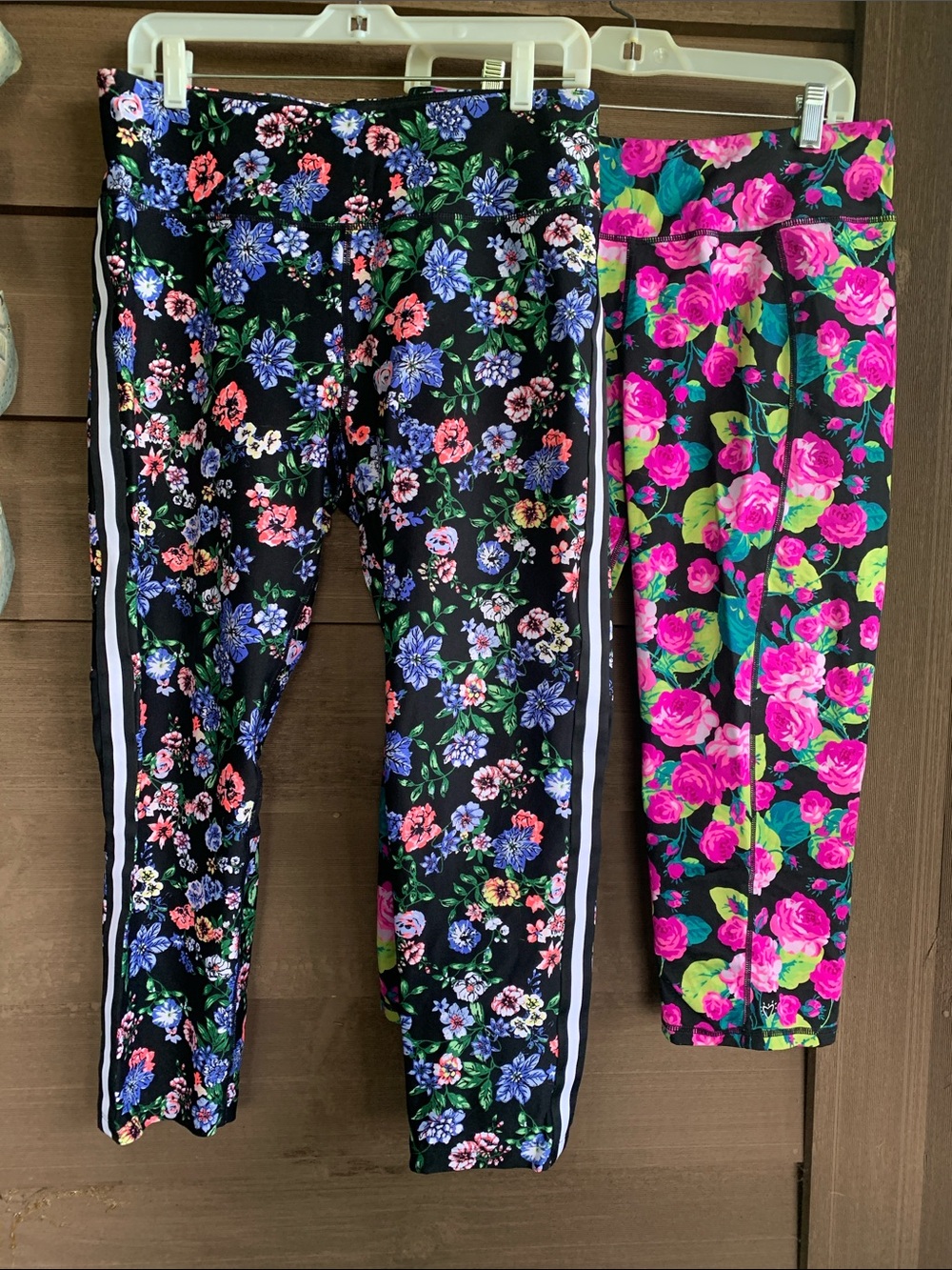 Women’s Floral Active Leggings - Black with Multicolor Flowers, 2 pair, XL